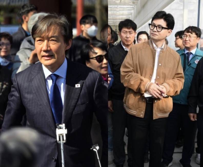 13일 오후 전주한옥마을 경기전을 찾은 조국 조국혁신당 대표와 법무부 장관 시절 완주군 삼례읍 한 농장에서 농장주의 설명을 듣고 있는 국민의힘 한동훈 비상대책위원장